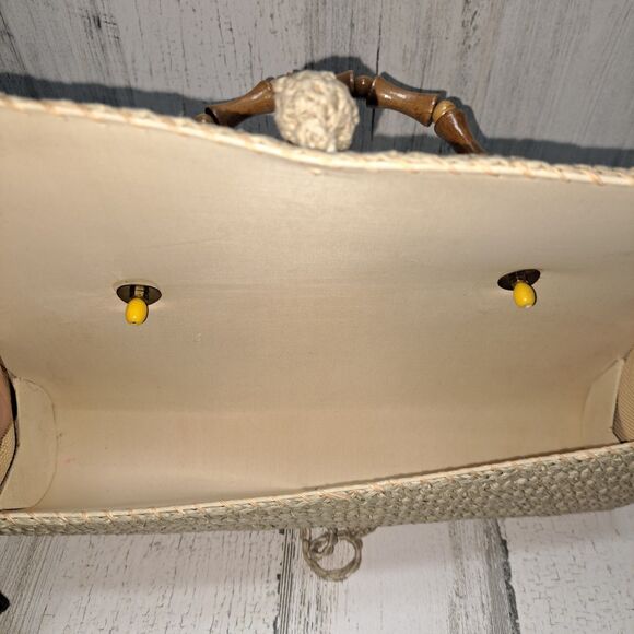 VTG Handbag Woven Raffia Straw Purse Wood Handle Sea Shells Boho Beach Cruise - Picture 14 of 14